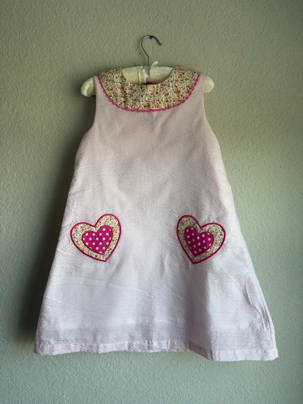 Lil Cactus Girls Dress 6T Pink Seersucker Heart Applique Floral Collar Boutique